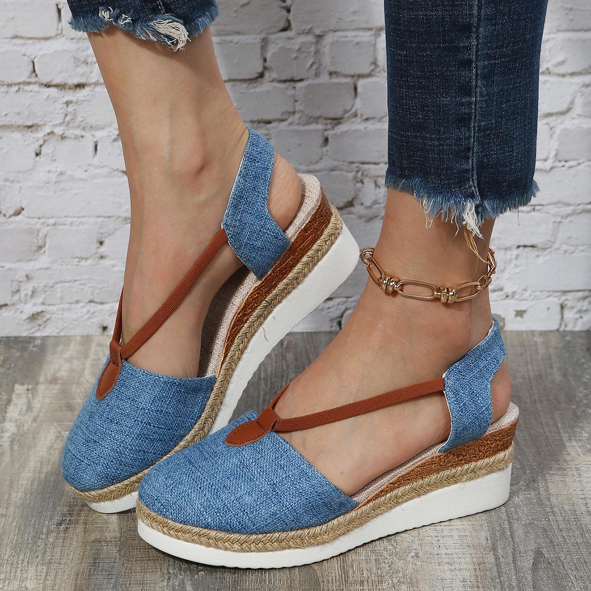 

2024 женские сандалии-эспадрильи, удобные босоножки на танкетке, женские повседневные туфли с закрытым носком, дышащие туфли из льна и конопли 38 синий