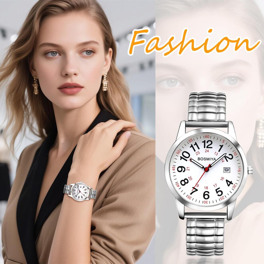 Herren 24-Stunden Wasserdichte Quarz-Armbanduhr mit Elastischem Armband, Edelstahl Analoganzeige, Kalender, Leicht Ablesbares Großes Display, Einheitsgröße Passt für die Meisten -