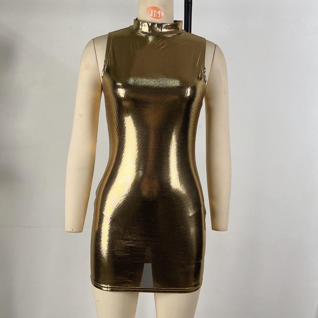 Vestido de Cintura com Gola Alta Sem Mangas em Couro Sintético Banhado a Ouro para Mulheres