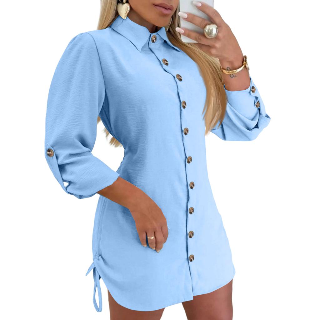 Women's Fashionable And Versatile Long-Sleeved -Color Drawstring Dress