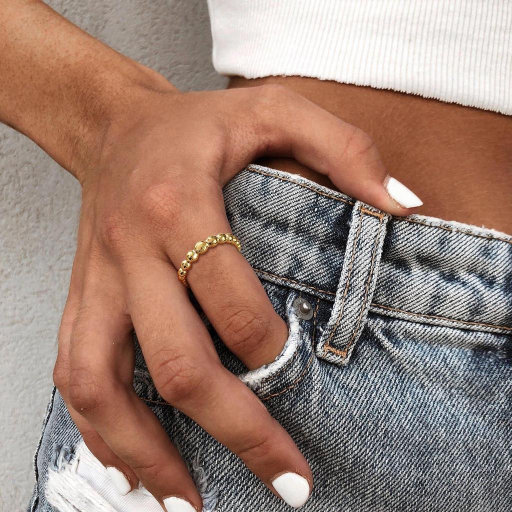 Dainty Beaded Ring , Chunky Stainless Steel Womens Ball Rings, Stackable Finger Jewelry