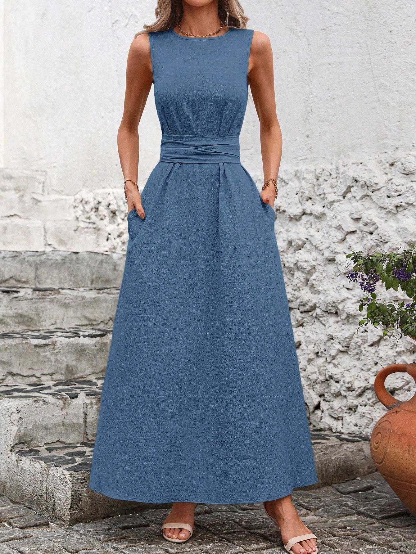 Women s Elegant Sleeveless Ice Silk Dress with Waist Tie Extra Extra Large павлин голубой