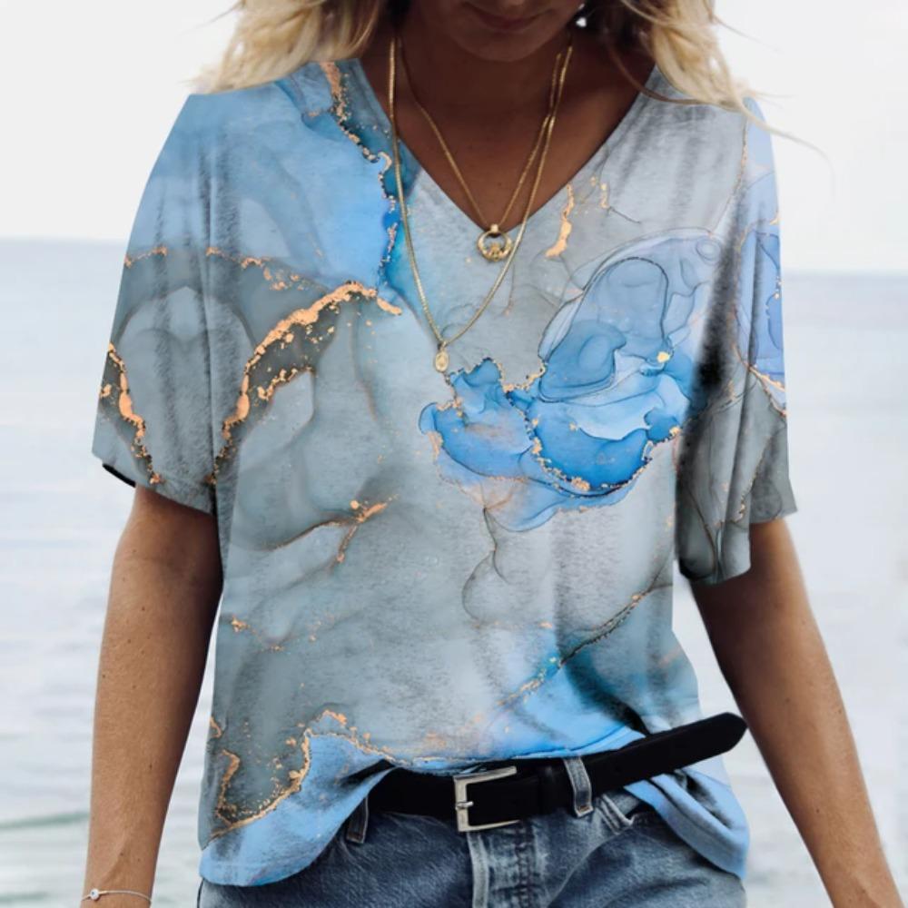 2024 neues 3D T-Shirt bunt V-Ausschnitt große Oberteile locker Sport T-Shirt Street Fashion Y2K