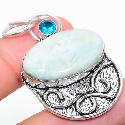 Natural Rainbow Moonstone, Blue Topaz 925 Sterling Silver Pendant 2.01" G1M26
