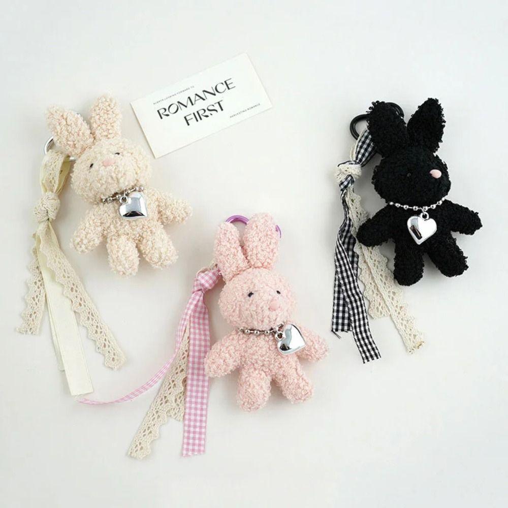 Silver Heart Plush Bag Pendant Bow Ribbon Rabbit Plush Doll Rabbit Doll Charm Bag Decoration
