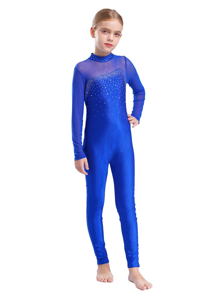 Girls Skating Jumpsuit Long Sleeve Round Collar Shiny Rhinestone Hollow Back Performance Dance Costume