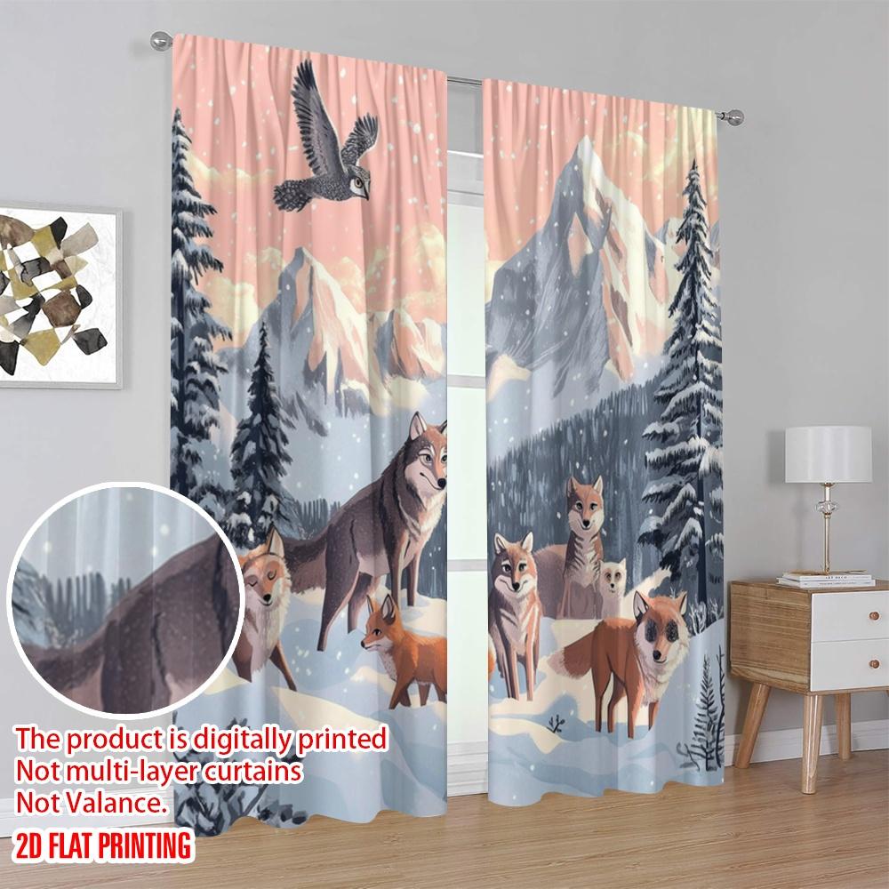 2pcs,2D Plane Printing Curtains&Window Treatment Winter Wolves Versatile Polyester (without Rod) Decorations For Home Ldeal for