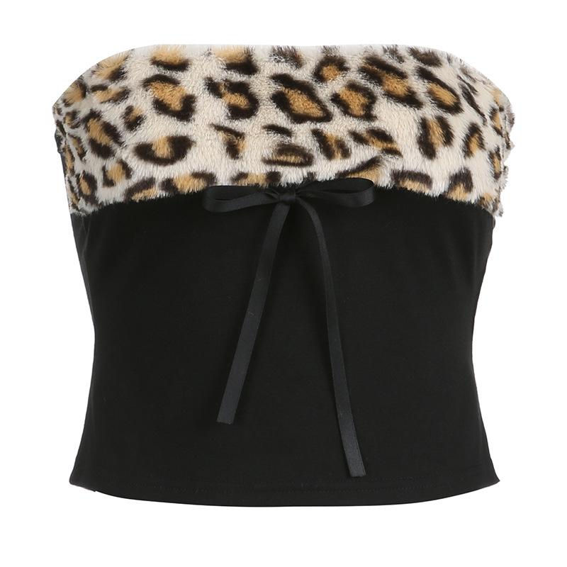 

WTEMPO Бренд Сексуальный Стиль Леопардовый Узор Мех Лоскутный Бюстгальтер Модный Контрастный Цвет Шнуровка Открытая Спина Горячая Девушка Маленький Жилет Облегающий Пуловер Топы S чёрный