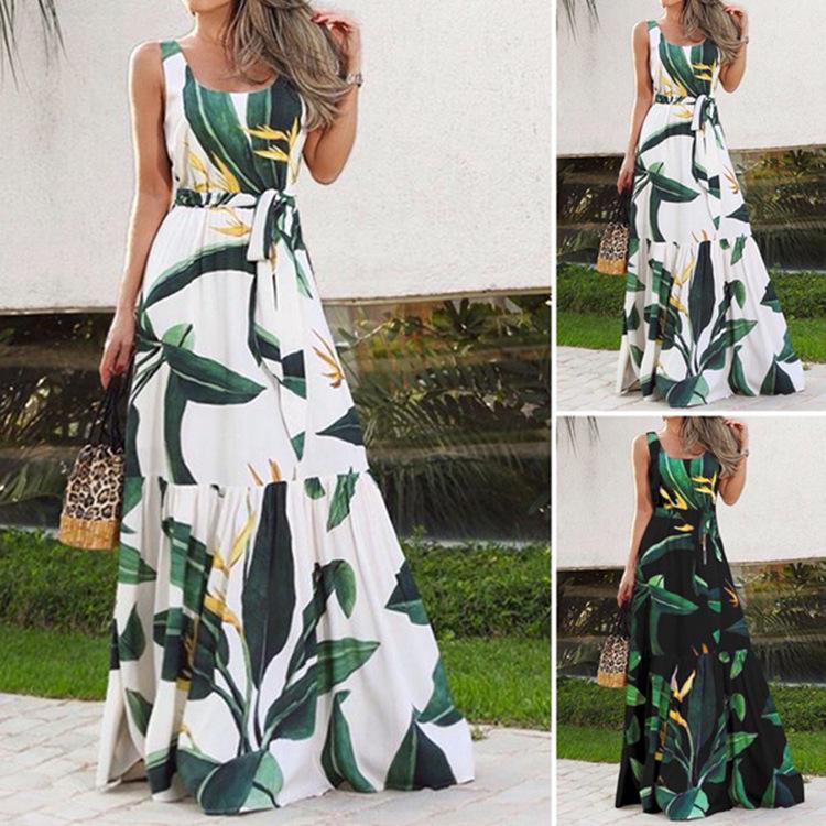 European & American Summer Print Casual Long Dress with Belt 2023