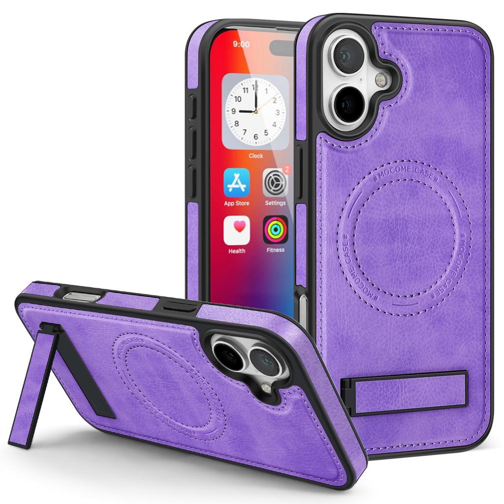 For iPhone 16 Case Compatible with MagSafe with Folded Kickstand PC Silicone Leather Phone Back Cover