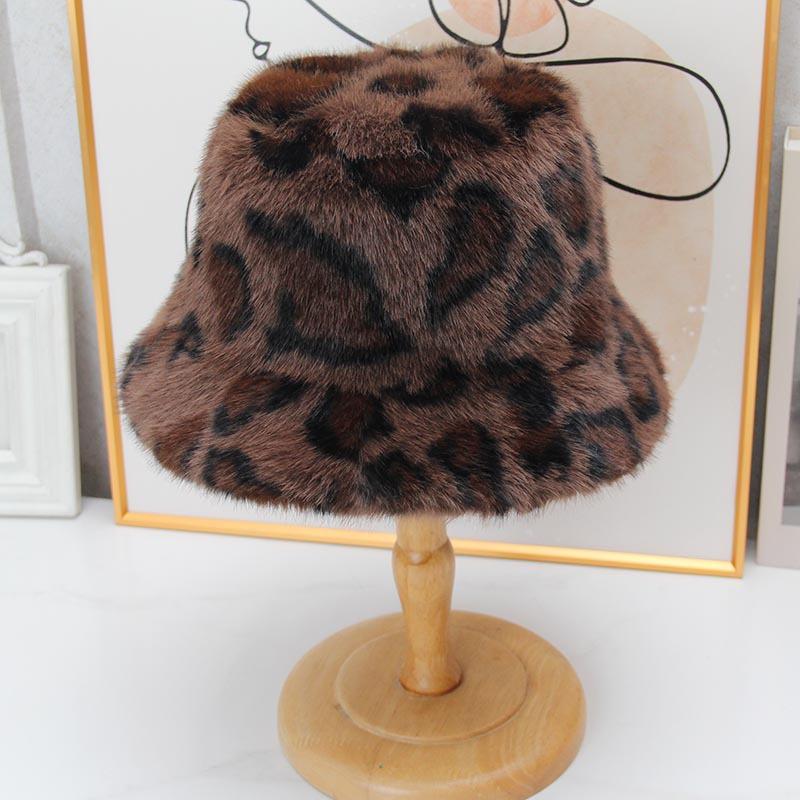 Autumn and winter leopard print plush bucket hat female retro face small imitation mink hair warm bucket hat versatile basin hat