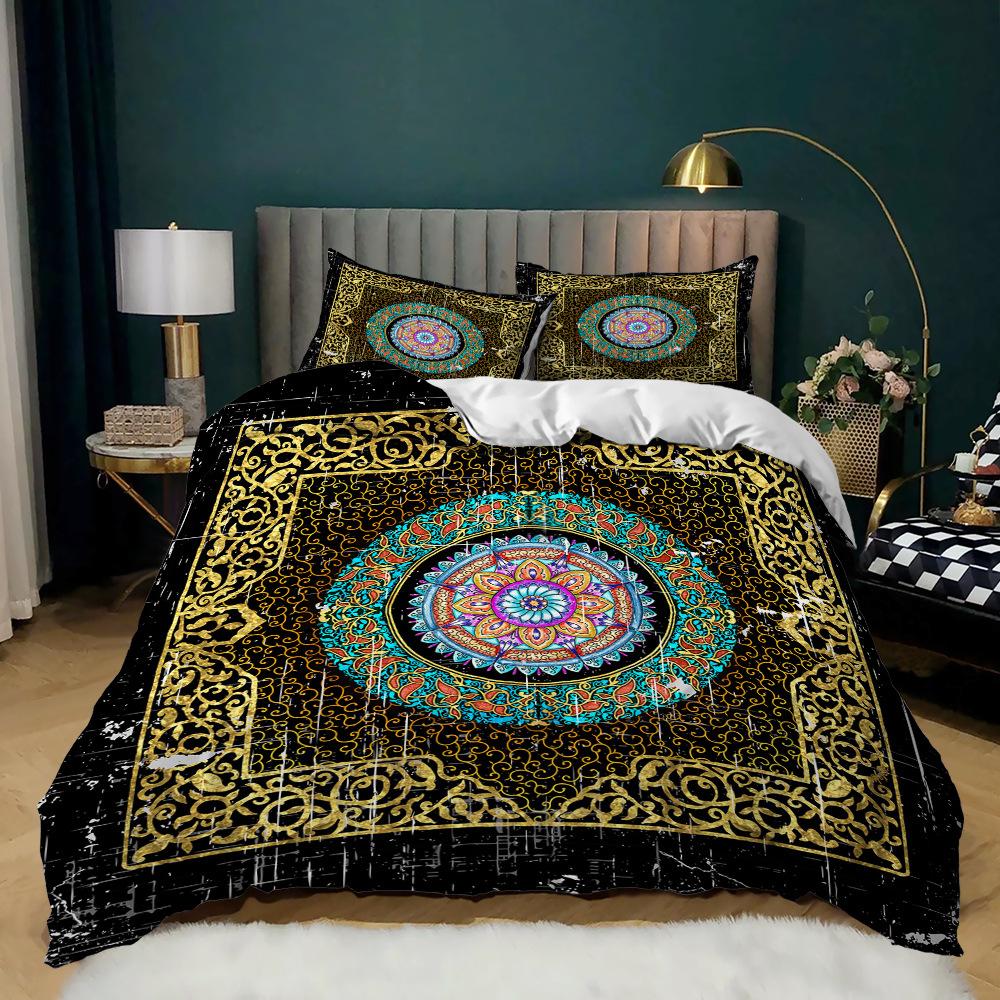 Zestaw poszewek na kołdrę Mandala w kolorze granatowym, w stylu boho, szykownym, z nadrukiem medalionu, z miękkiej mikrofibry, podwójny zestaw poszewek na kołdrę Queen King Size