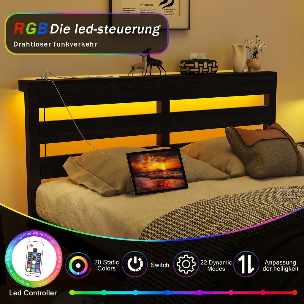 120x200 Bed Frame with LED Lighting and USB Charging Station, Metal Bed Frame Without Mattress, with Storage Space Under the Bed