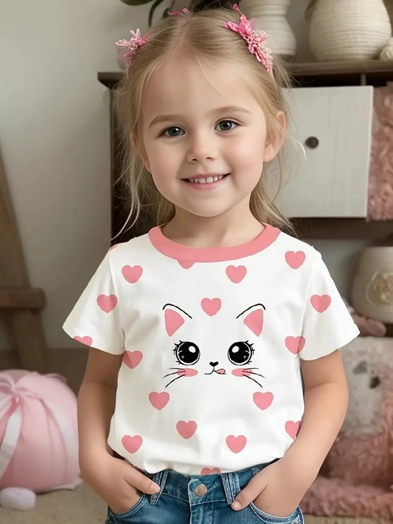 T-shirt Fille Mignon Motif Nœud d'Amour Manches Courtes pour Enfants T-shirts Graphiques Vêtements Y2k Mode Filles Pull Hauts d'Été