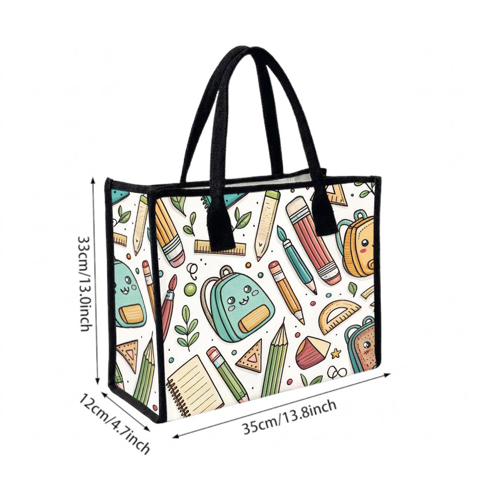 Cute Stationery Print Tote Bag Portable Stylish Daily Carry Handbag