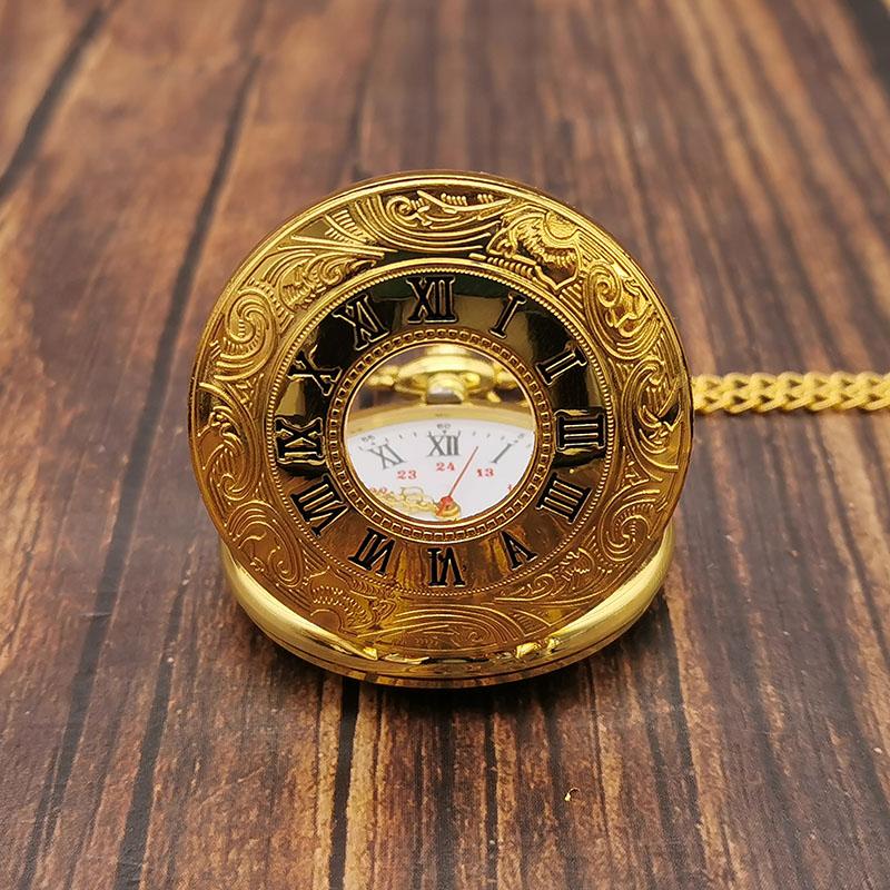 Gold Roman Numerals Quartz Pocket Watch Chain Men Women Hollow Case Vintage Pendant Necklace Best Gifts for Men Women