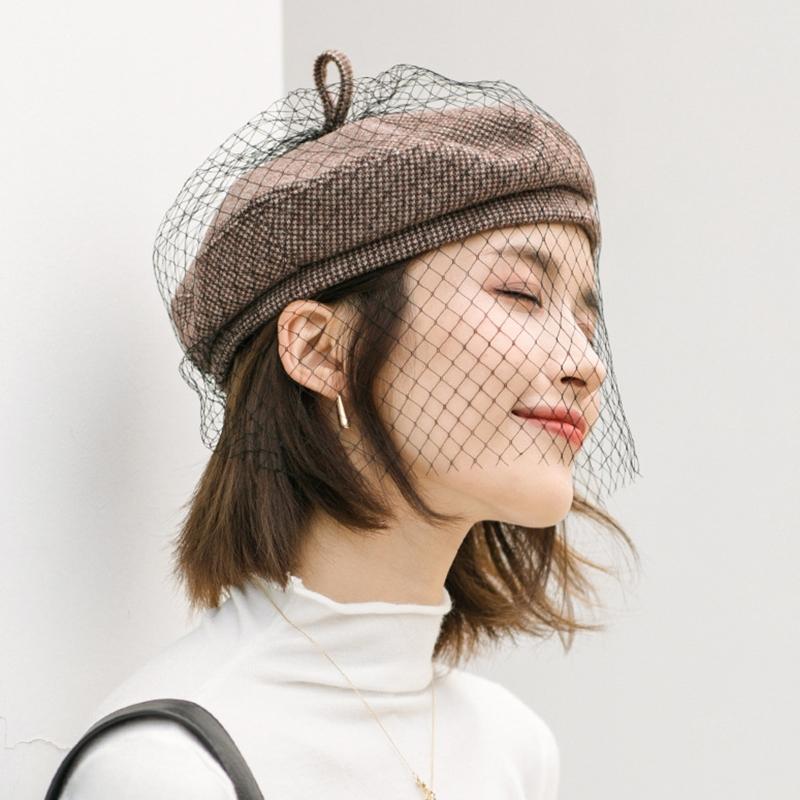 Color Beret Cap with Netting Mesh Veil 