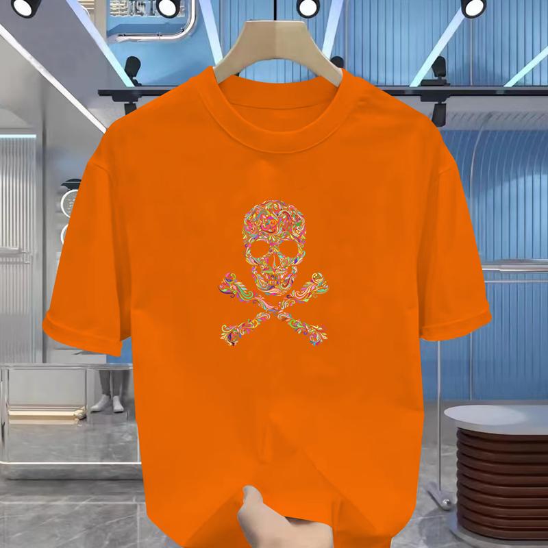 Men's New Summer Cartoon Skull Print Short Sleeve, Cotton Basic Crew Neck T-shirt, Fashion Casual Short Sleeve Top