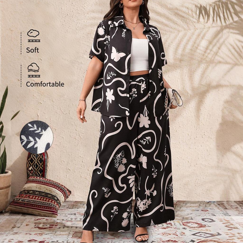 2025 New Plus Size Printed Loose Short Sleeve Cardigan & Wide Leg Pants Set for Women