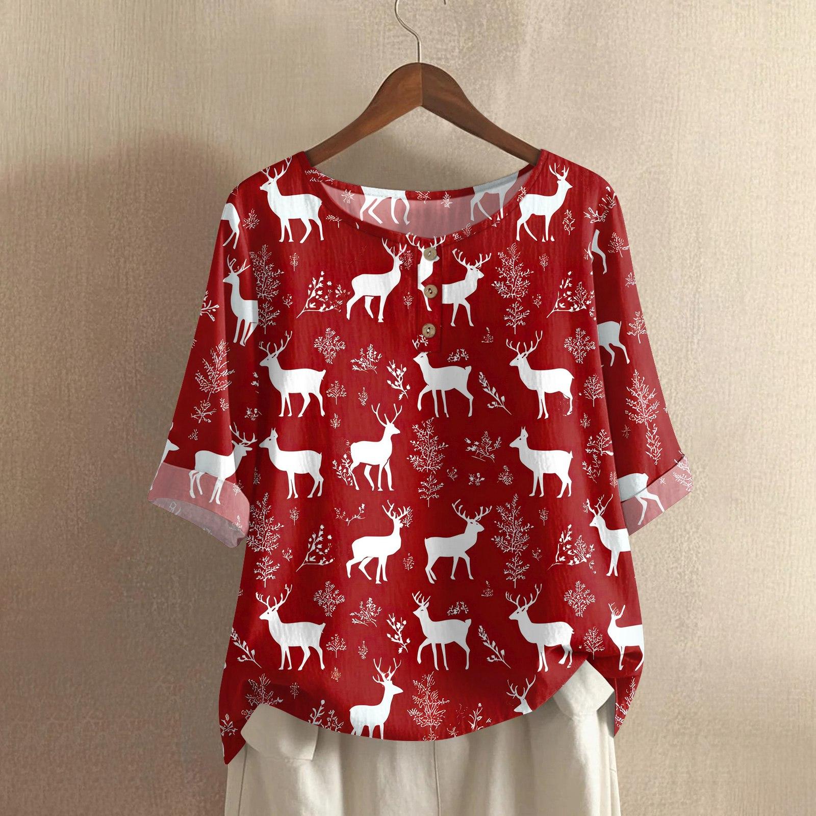 

Women s Fashionable And Casual Shirt Half-sleeve Round Neck Christmas Print Cotton And Linen Blouse Top XL