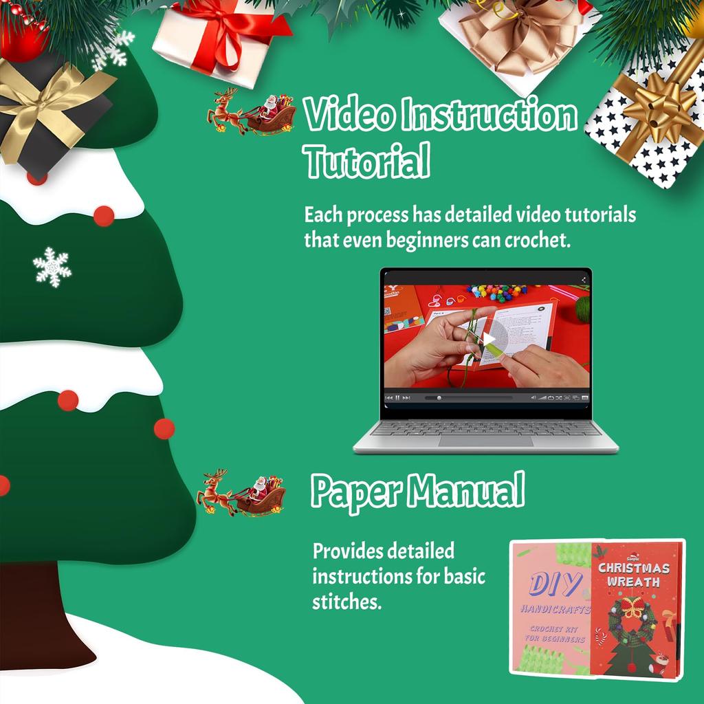 Fenrry Crochet Kit for Beginners Christmas Wreath Adults Knitting Kit with Step-by-Step Video Tutorials Crochet Yarn