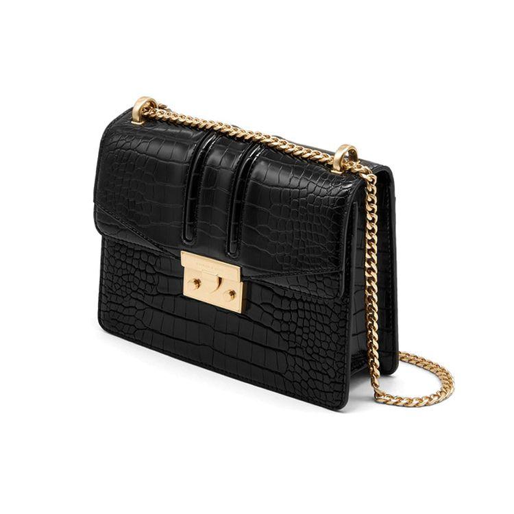 Charles & Keith Chain Flap Crocodile Pattern Polyurethane Crossbody Bag Women Shoulder Bag Black CK2-21200002-4