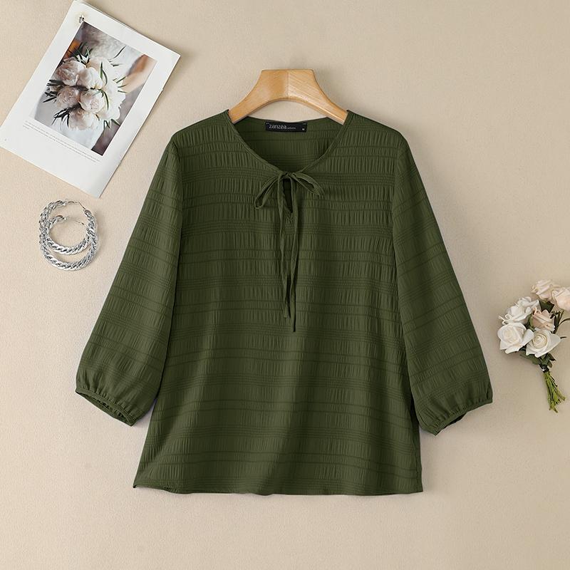 ZANZEA Women Casual Round Neck Solid Color Loose 3/4 Sleeve Blouse