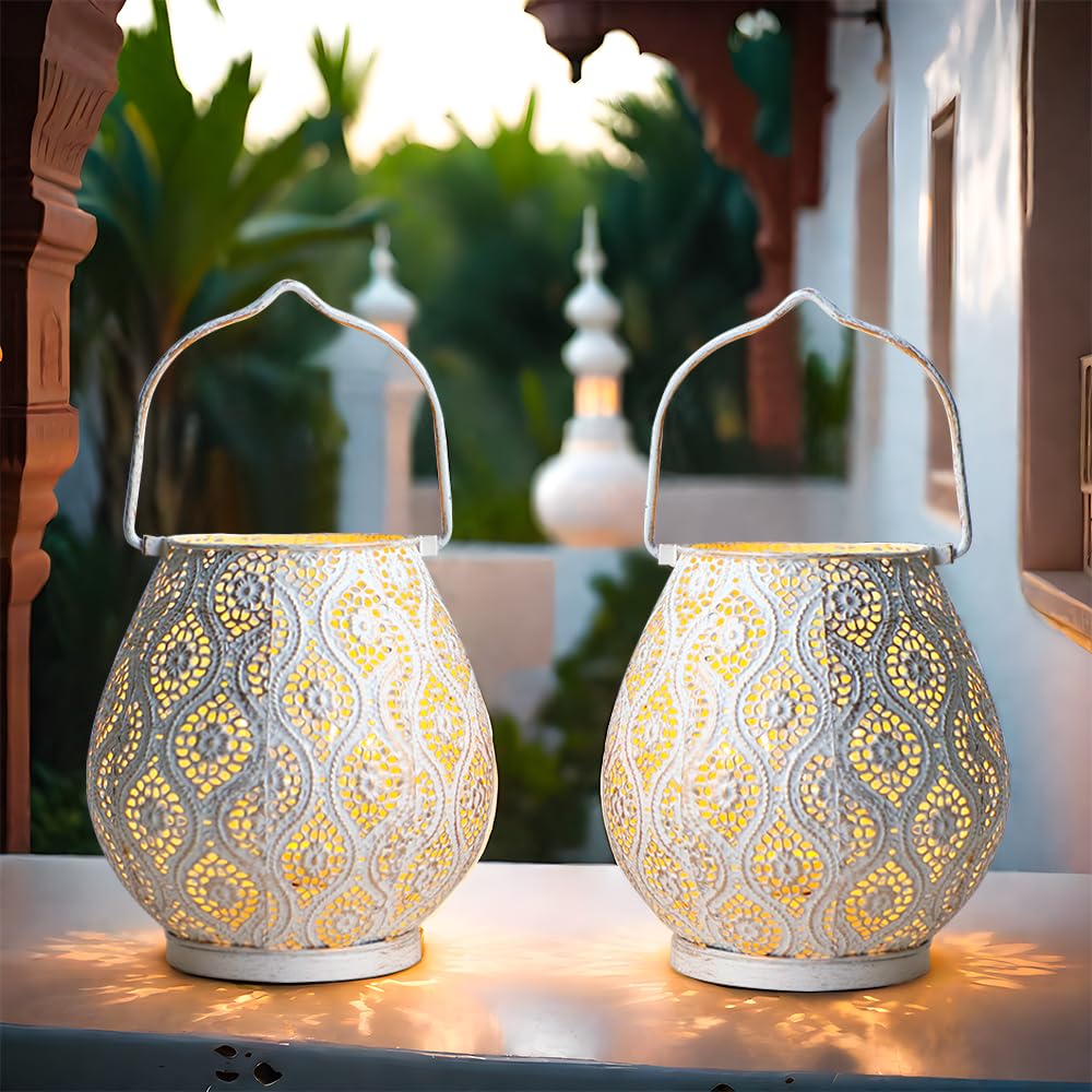 TRIROCKS Moroccan-Style Metal Table Lamps, Set of 2, 18cm Tall, Cordless, with LED Fairy Light Bulbs, Ideal for Home, Living Room, Party, Tabletop,