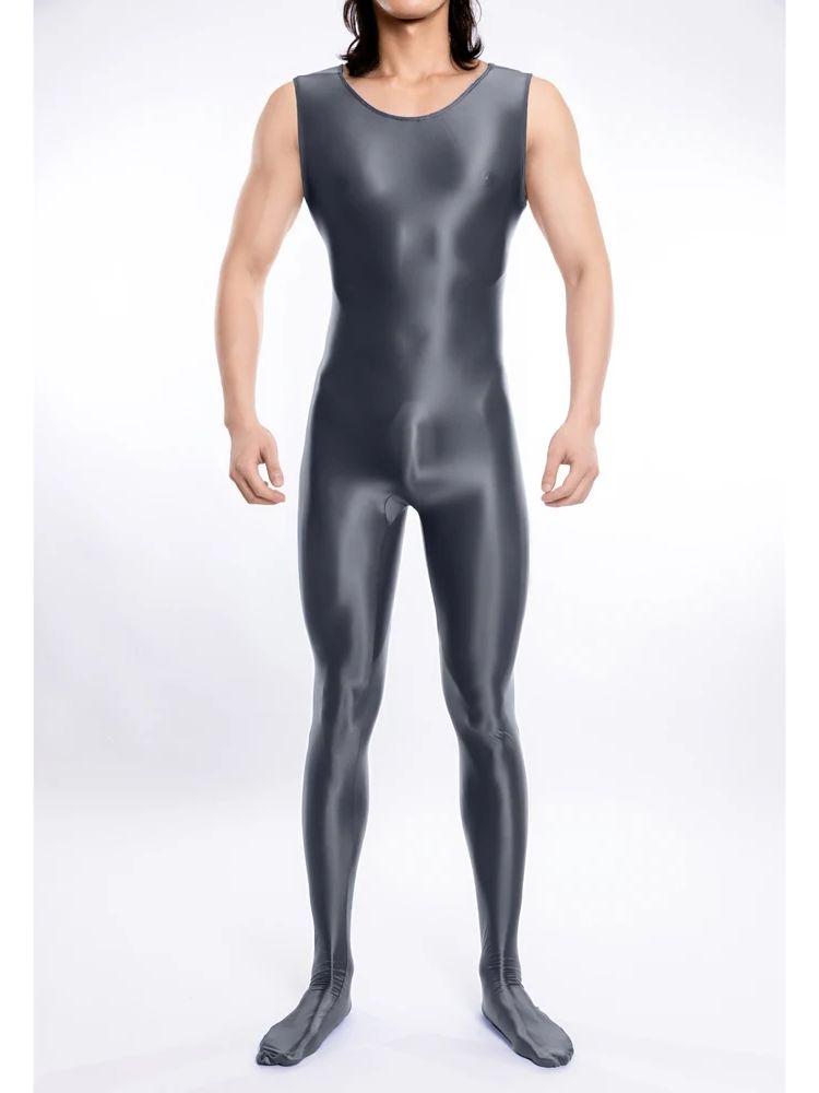 M Xl Unisex Sleeveless Shiny Bodystocking Catsuit Close Open Crotch Bodysuit Tights Sexy Transparent Leotard Conjoined Lingerie