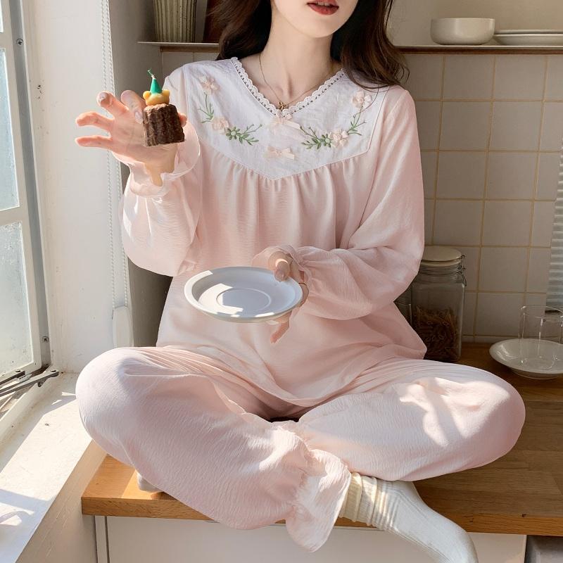 Herbst Zweiteiliges Damen V-Ausschnitt Süße Hauskleidung Spitze Langarm Pyjamahose Set Lässig Damen Rosa Schleife Niedliches Pyjama-Set