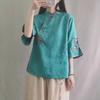 Chinese-Style Retro Cotton-Linen Mid-Sleeve Shirt with Stand-Up Collar and Embroidered Tea Service Design for Women.