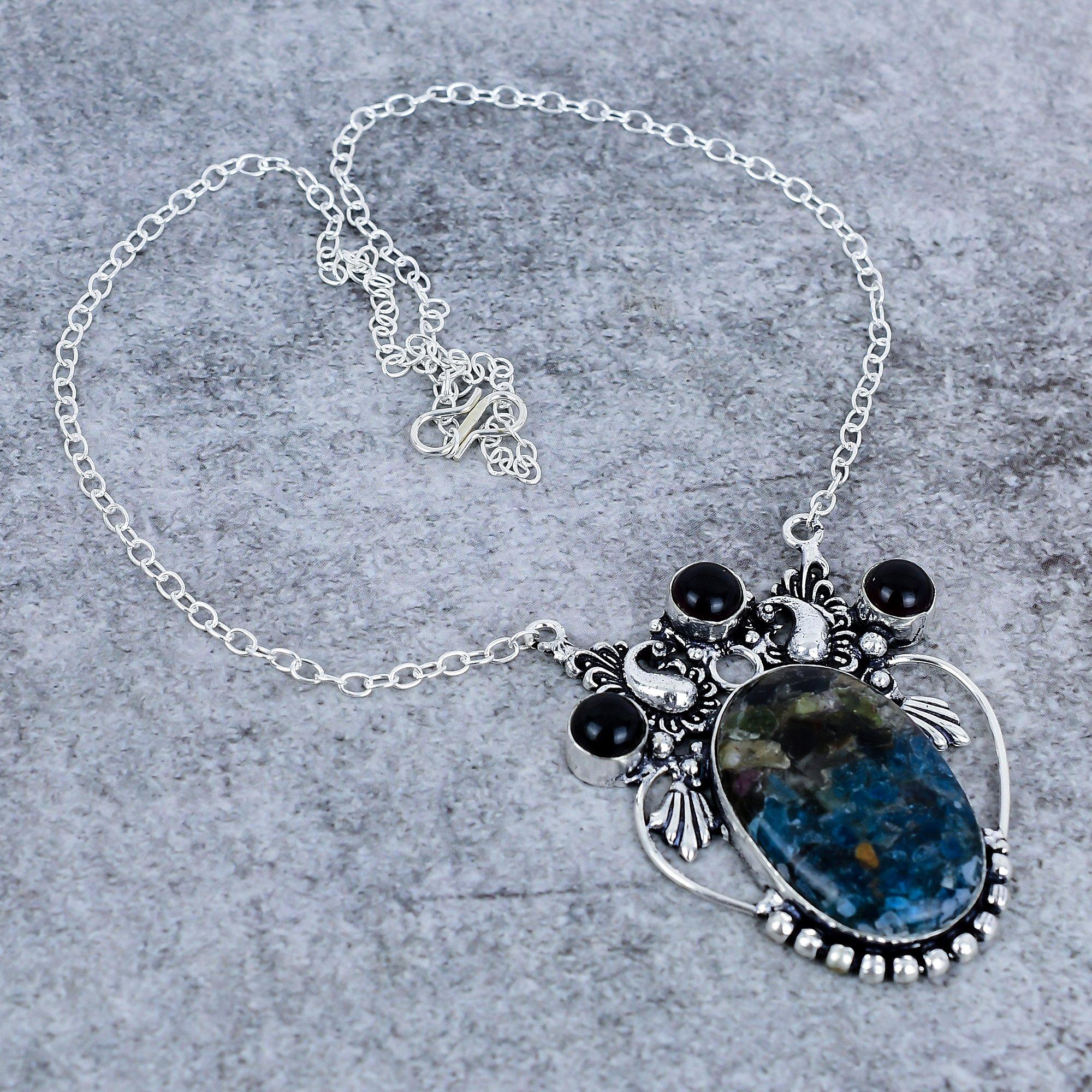 

Copper Apatite, Onyx Gemstone 925 Sterling Silver Jewelry Necklace 18 M-2760