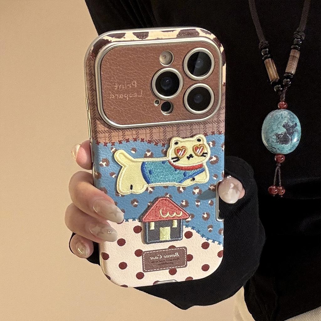 Cute Embroidered Cat Patchwork Leopard & Polka Dot Design Phone Case for iPhone 17 16 15 14 11 12 13 Pro Max Plus Back Cover