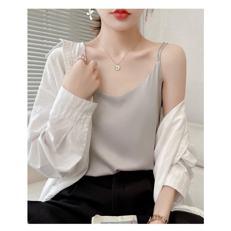 Camisola interior de seda con cuello en V delgada para mujer de primavera y verano