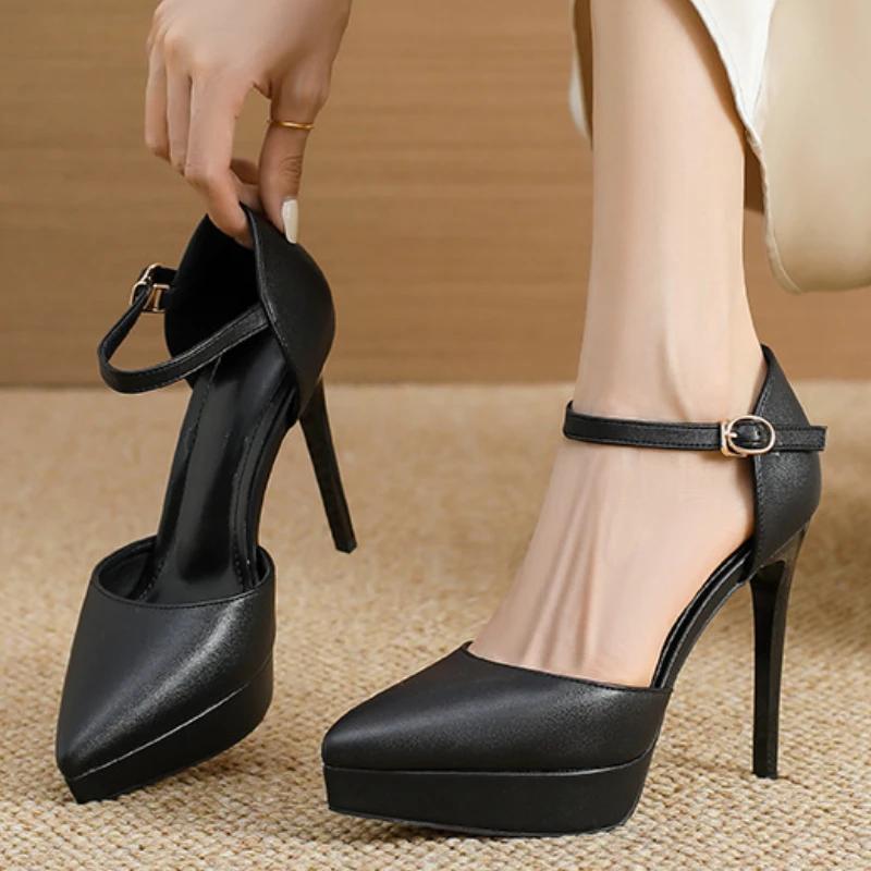 Fashion New Pointed Toe Platform Women Sandals Flock Buckle Strap Stripper Party Thin High Heel Shoes Sexy Female Pumps Zapatos De Mujer