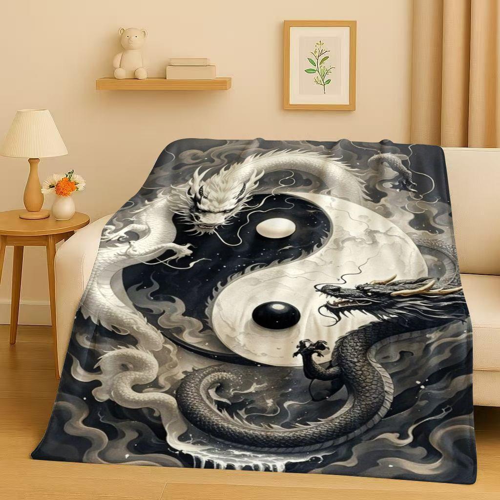 

HD Yin Yang Element Dragon Chinese Loong Cartoon Flannel Blanket,Ultra Soft Warm Plush Throw for Home Bedroom Bed Sofa Cover Kid 75x90cm
