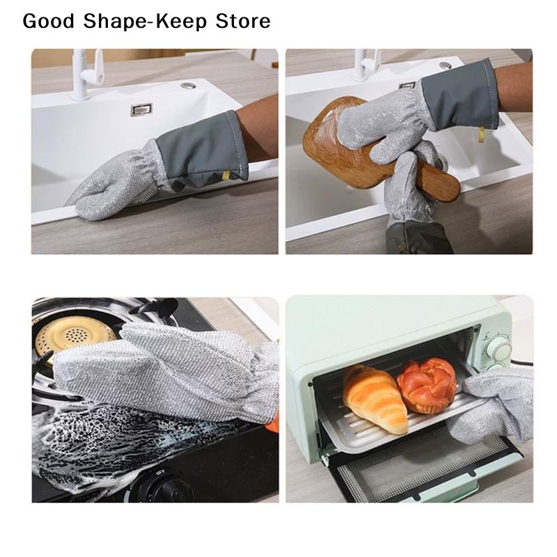 Waterproof And Heat-resistant, Thickened Silver-thread Dishwashing Gloves, And Wear-resistant Kitchen Cleaning Brush.