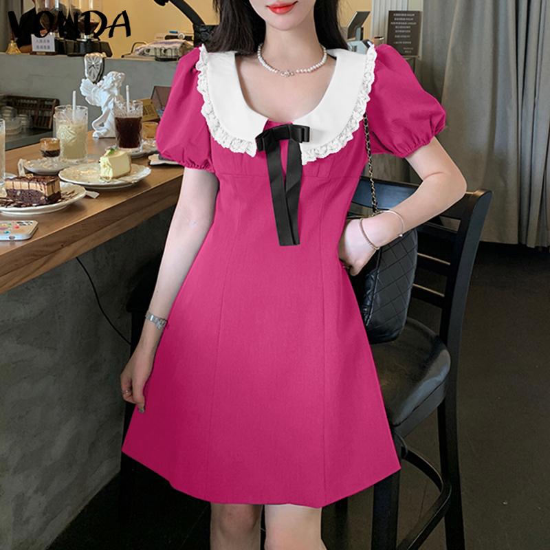 

VONDA Летнее женское платье с глубоким U-образным вырезом, кукольным воротником, рукавами-буфами, бантом, кружевной отделкой по подолу, в стиле колледжа 5XL темно-розовый