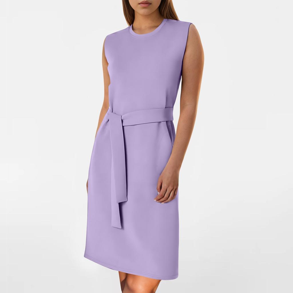 Women's Spring And Summer Waist Round Neck -of -sleeved Strap Dress