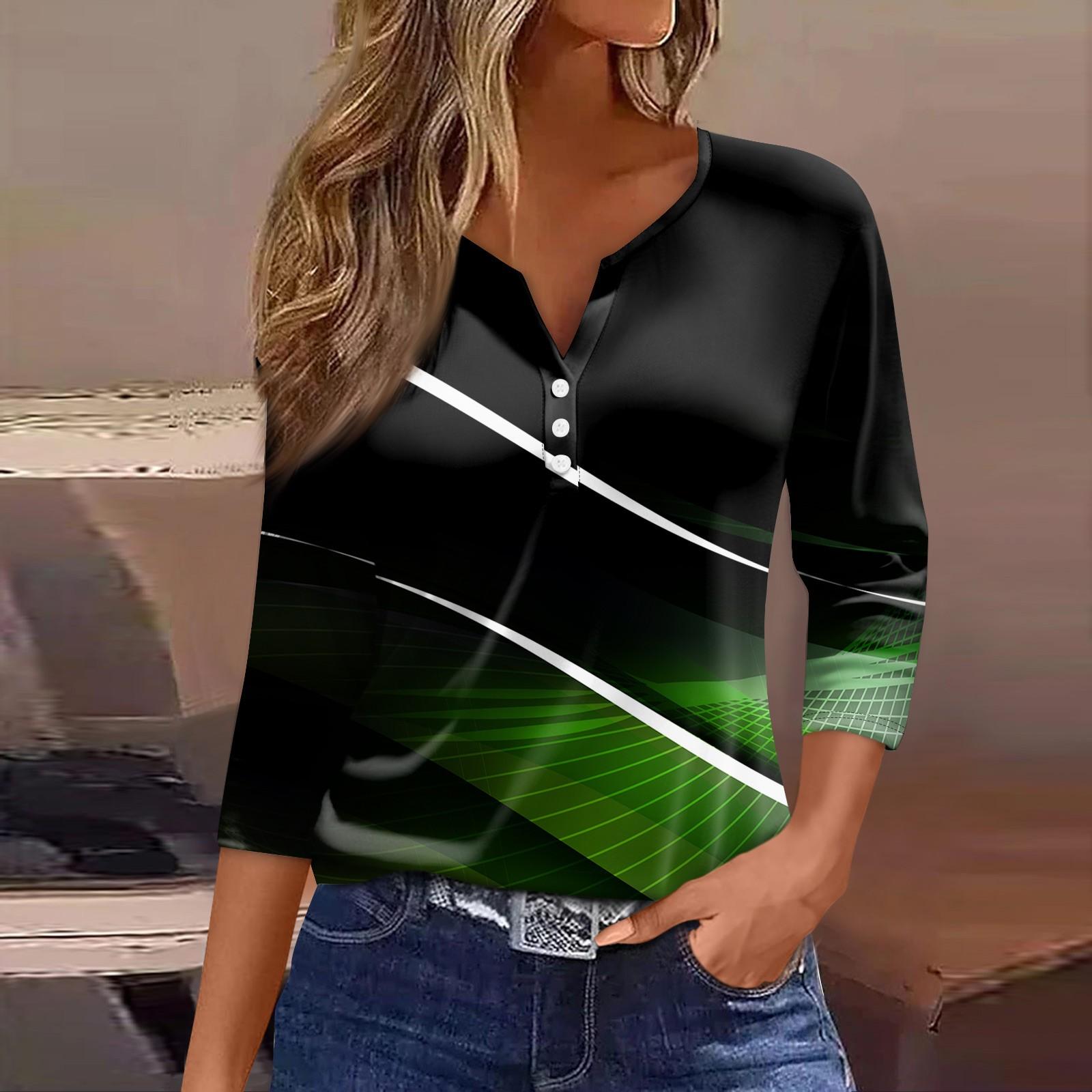 

Жен. Футболка Футболка С принтом Пуговицы Рукав 3/4 Повседневные Выходные Мода Классический V-образный вырез Обычный Топ S темно-зеленого