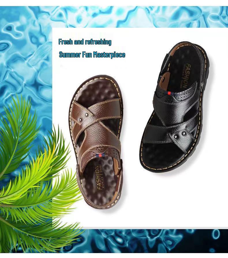 Men's Genuine Leather Casual Sandals - Versatile, Non-Slip, Perforated with Thick Sole for Outdoor & Beach Use