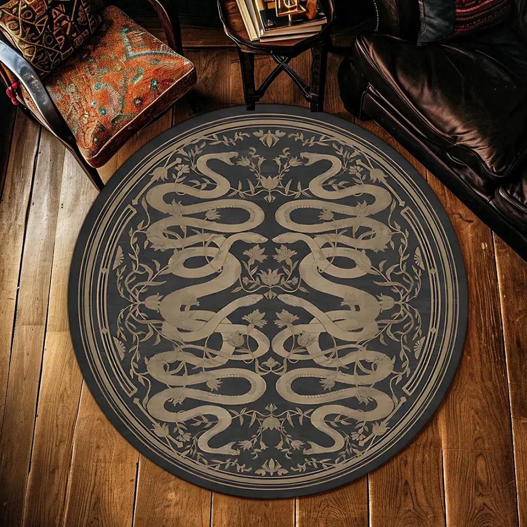 Serpent Witchcore Rug Occult Crescent Symbols, Round Pagan Carpet for Ritual Space or Dark Boho Decor, Spiritual Snake Mat