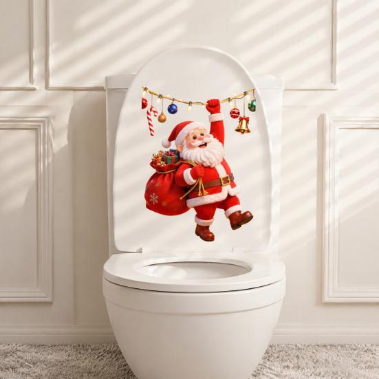 Holiday Bathroom Decoration Cartoon Santa Claus Toilet Seat Sticker, Waterproof PVC Christmas & Colorful Removable Window Decals Lights Decal,