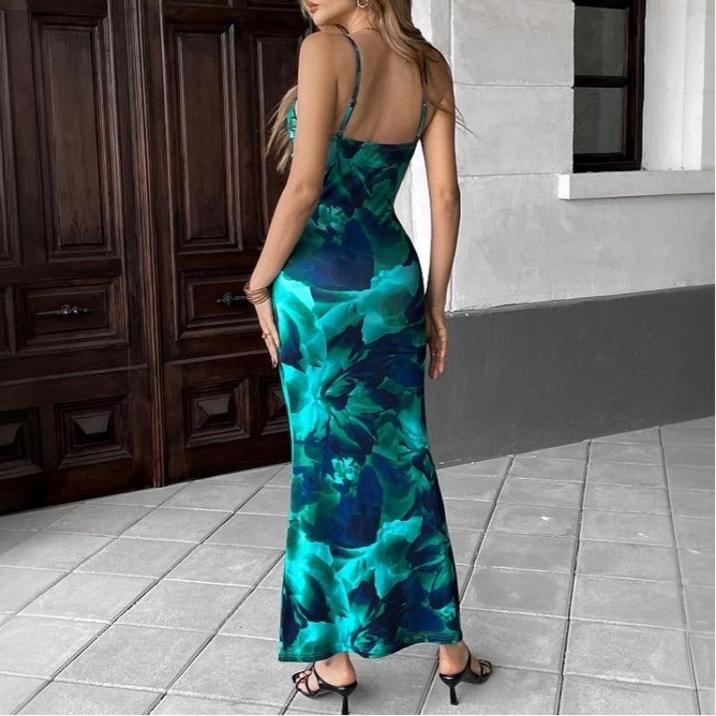 Women's New Summer Resort Style Dress with Hip-covering Hollow Printed Suspender Long Skirt
