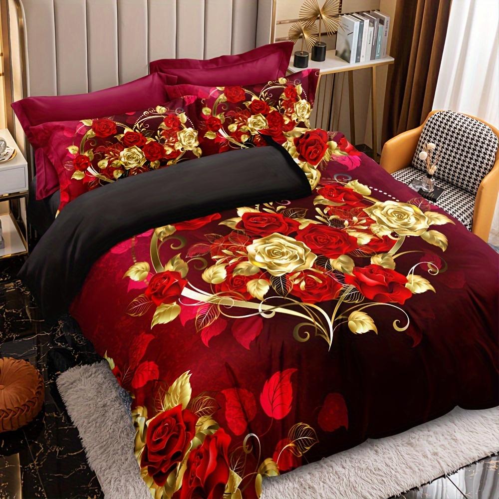 Luxusní klasická sada povlaků na přikrývku 1* povlak na přikrývku + 2 * povlak na polštář Love Rose Print Sada ložního prádla Měkký pohodlný povlak na přikrývku do ložnice