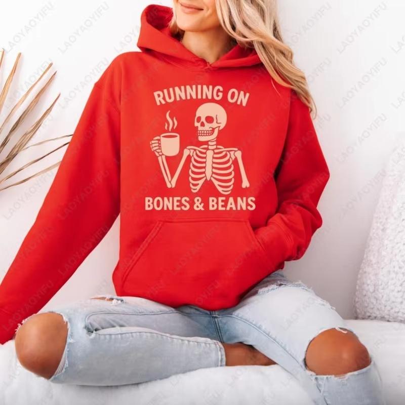 

Худі з кістками, квасолею, скелетом Running on Bones Beans Skeleton Hoodie Кумедний Хелловінський Худі для Чоловіків Жінок для Любителів Кави Моторошний Зручний Светр 3XL