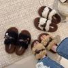 Thick bottom heightening fluffy slippers outer wear 2025 autumn and winter new belt metal buckle home plush one-word cotton drag posture