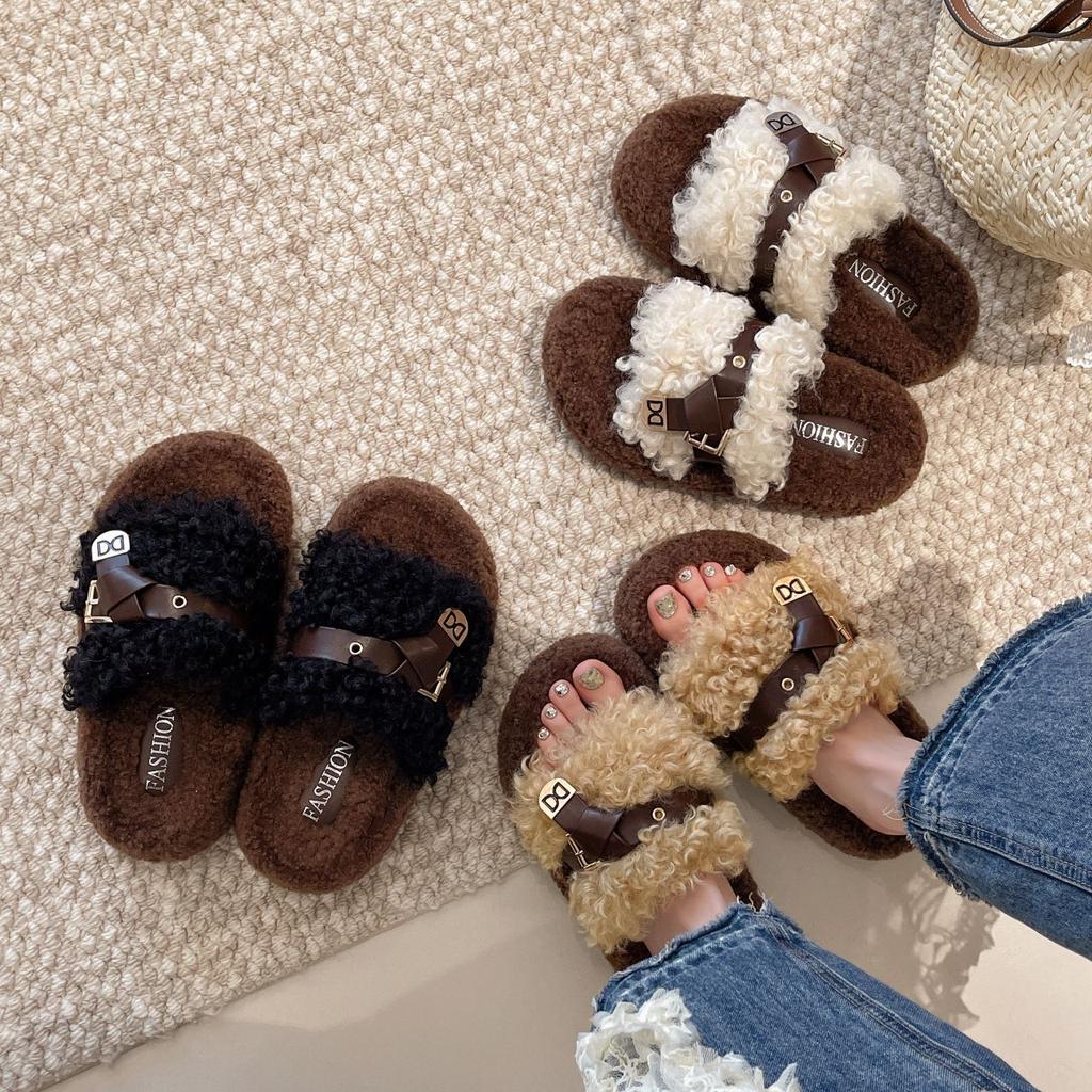Thick bottom heightening fluffy slippers outer wear 2025 autumn and winter new belt metal buckle home plush one-word cotton drag posture