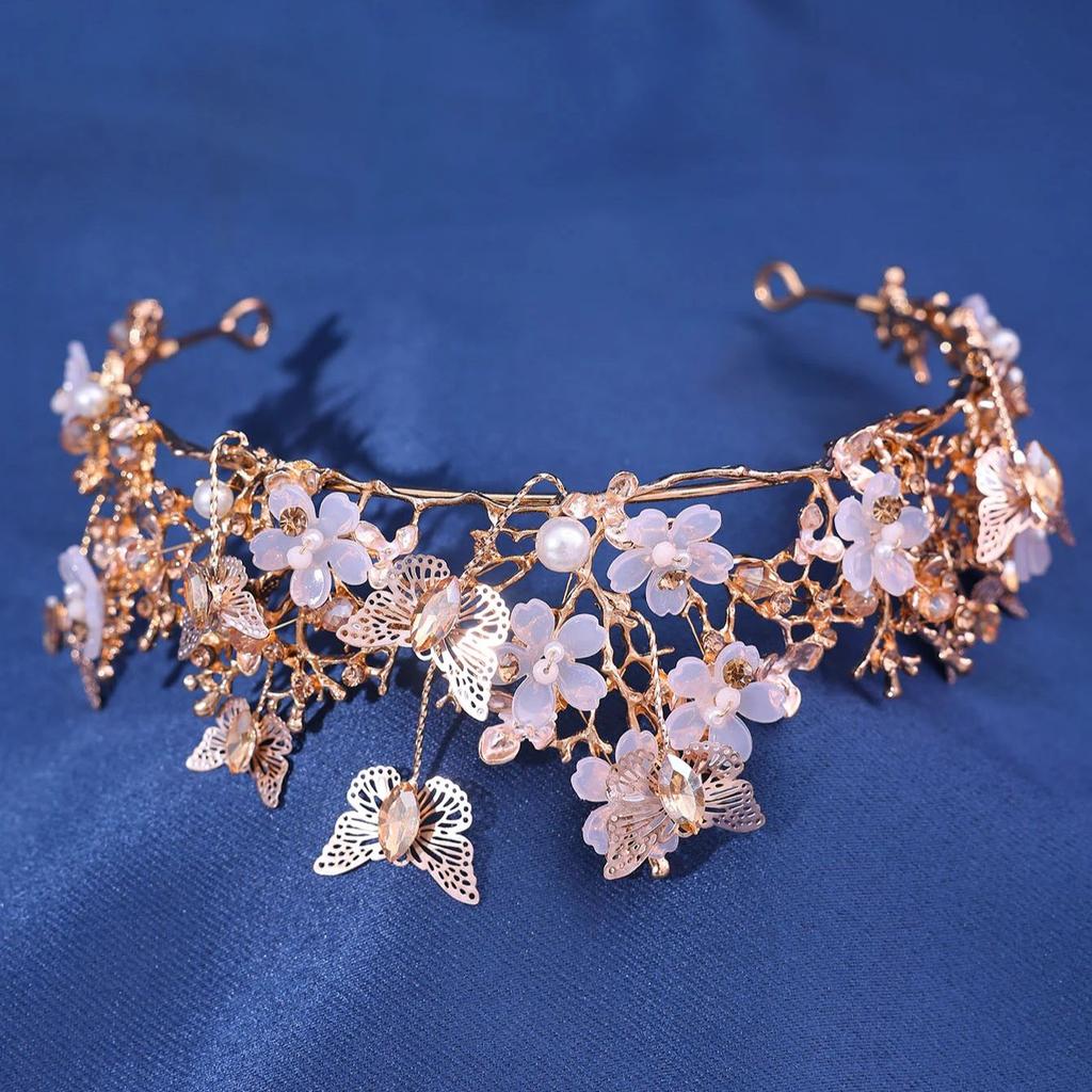 Exquisite Schmetterlinge Blumenkrone Handgefertigt Strass Prinzessin Festzugskronen Hochzeit Haarschmuck Brautdiademe Schmuck