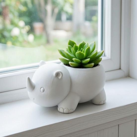 Decorative Animal Shape Planter Cute Rhinoceros Planter, 3D Printed Rhino Flower Pot, Indoor Micro Landscape Pot Plant for Succulents Cactus
